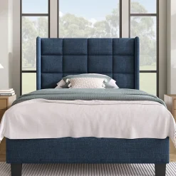 Okwish Lit simple 90x200 cm - Lit adulte capitonné avec sommier à lattes - Lin - Sans Matelas - Bleu