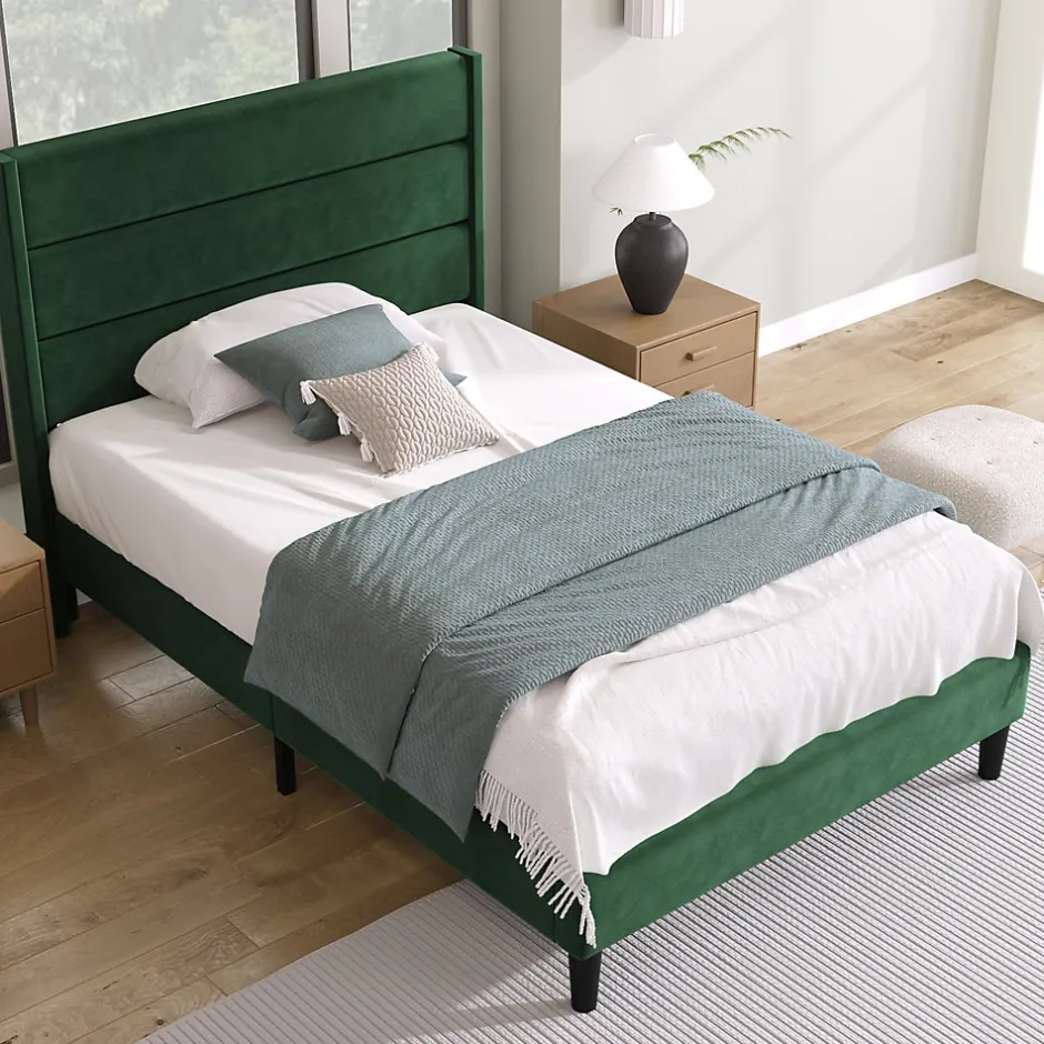 Okwish Lit simple 90x200 cm - Lit adulte capitonné avec tête de lit - Lin - Sans Matelas - Vert Foncé