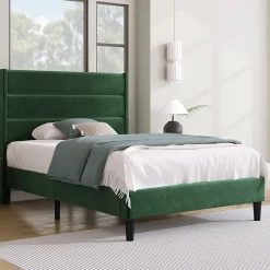 Okwish Lit simple 90x200 cm - Lit adulte capitonné avec tête de lit - Lin - Sans Matelas - Vert Foncé