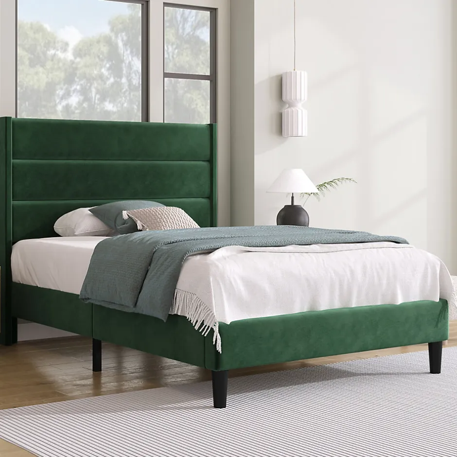 Okwish Lit simple 90x200 cm - Lit adulte capitonné avec tête de lit - Lin - Sans Matelas - Vert Foncé
