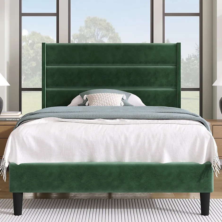 Okwish Lit simple 90x200 cm - Lit adulte capitonné avec tête de lit - Lin - Sans Matelas - Vert Foncé