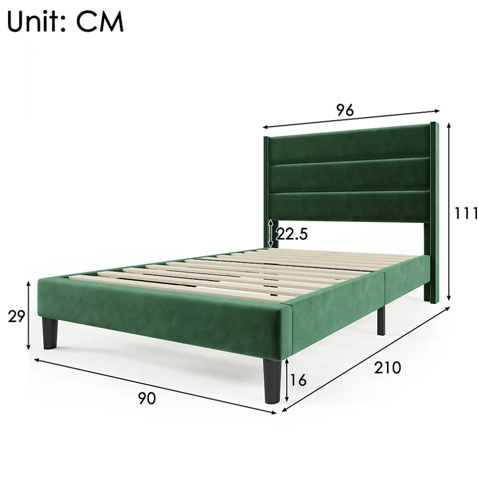 Okwish Lit simple 90x200 cm - Lit adulte capitonné avec tête de lit - Lin - Sans Matelas - Vert Foncé