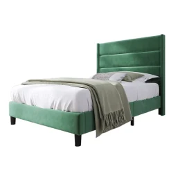 Okwish Lit simple 90x200 cm - Lit adulte capitonné avec tête de lit - Lin - Sans Matelas - Vert Foncé