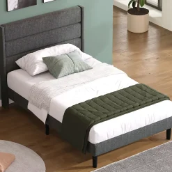 Okwish Lit simple 90x200 cm - Lit adulte capitonné avec tête de lit - Lin - Sans Matelas - Gris Foncé New
