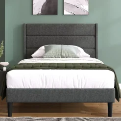 Okwish Lit simple 90x200 cm - Lit adulte capitonné avec tête de lit - Lin - Sans Matelas - Gris Foncé New