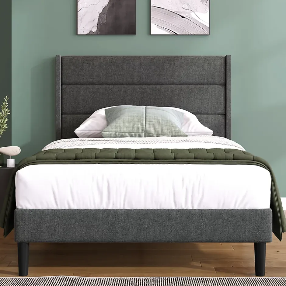 Okwish Lit simple 90x200 cm - Lit adulte capitonné avec tête de lit - Lin - Sans Matelas - Gris Foncé New