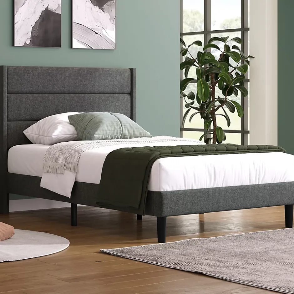 Okwish Lit simple 90x200 cm - Lit adulte capitonné avec tête de lit - Lin - Sans Matelas - Gris Foncé New