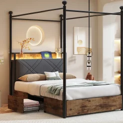 Okwish Lit simple 90x190 cm - Lit Baldaquin avec Tiroirs de Rangement et Ports USB/Type-C, Métal avec LED Intégré, Noir, Sans Matelas