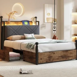 Okwish Lit simple 90x190 cm - Lit Baldaquin avec Tiroirs de Rangement et Ports USB/Type-C, Métal avec LED Intégré, Noir, Sans Matelas