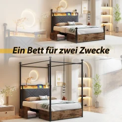 Okwish Lit simple 90x190 cm - Lit Baldaquin avec Tiroirs de Rangement et Ports USB/Type-C, Métal avec LED Intégré, Noir, Sans Matelas
