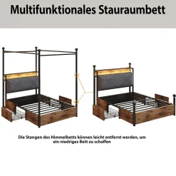 Okwish Lit simple 90x190 cm - Lit Baldaquin avec Tiroirs de Rangement et Ports USB/Type-C, Métal avec LED Intégré, Noir, Sans Matelas