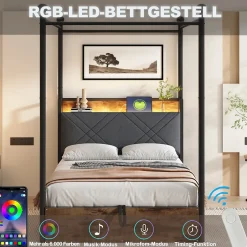 Okwish Lit simple 90x190 cm - Lit Baldaquin avec Tiroirs de Rangement et Ports USB/Type-C, Métal avec LED Intégré, Noir, Sans Matelas