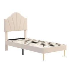 Okwish Lit Simple 90x200 cm - Lit Capitonné en Velours avec Tête de Lit Coquillage et Banquette de Rangement - Sans Matelas - Beige