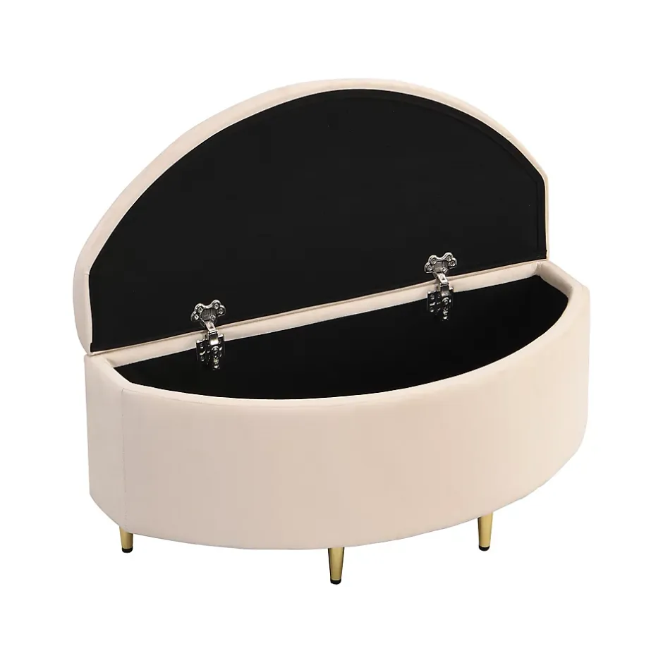 Okwish Lit Simple 90x200 cm - Lit Capitonné en Velours avec Tête de Lit Coquillage et Banquette de Rangement - Sans Matelas - Beige