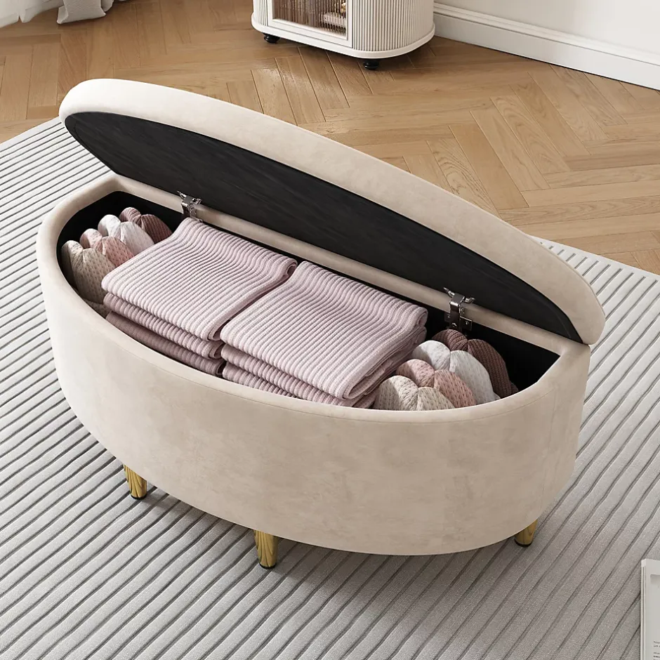 Okwish Lit Simple 90x200 cm - Lit Capitonné en Velours avec Tête de Lit Coquillage et Banquette de Rangement - Sans Matelas - Beige