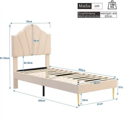 Okwish Lit Simple 90x200 cm - Lit Capitonné en Velours avec Tête de Lit Coquillage et Banquette de Rangement - Sans Matelas - Beige