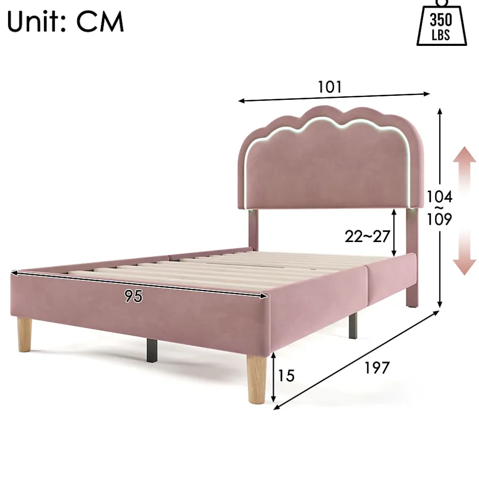 Okwish Lit simple 90x190 cm - Lit capitonné avec tête de lit LED réglable - Velours - Sans Matelas - Rose Sale