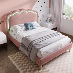 Okwish Lit simple 90x190 cm - Lit capitonné avec tête de lit LED réglable - Velours - Sans Matelas - Rose Sale