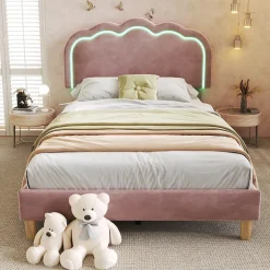 Okwish Lit simple 90x190 cm - Lit capitonné avec tête de lit LED réglable - Velours - Sans Matelas - Rose Sale