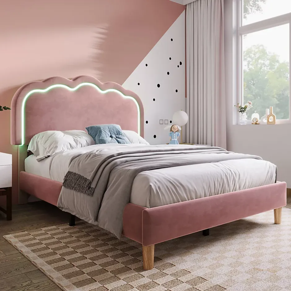Okwish Lit simple 90x190 cm - Lit capitonné avec tête de lit LED réglable - Velours - Sans Matelas - Rose Sale