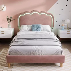 Okwish Lit simple 90x190 cm - Lit capitonné avec tête de lit LED réglable - Velours - Sans Matelas - Rose Sale