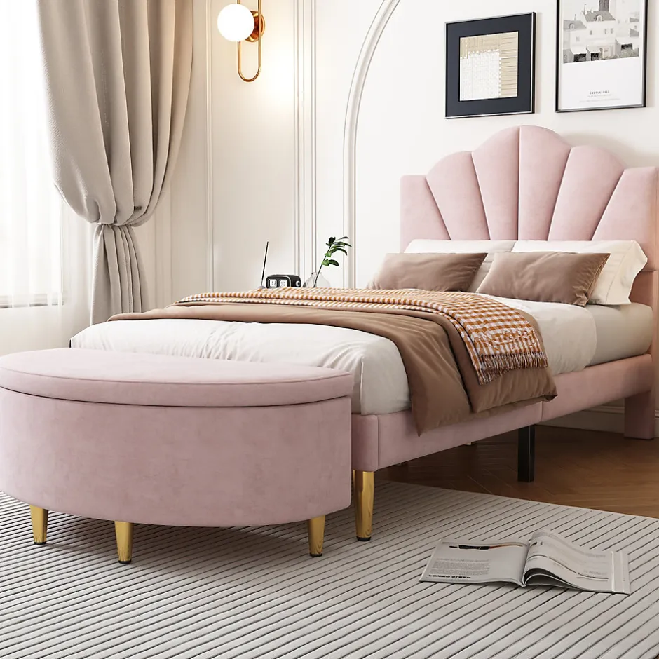 Okwish Lit Simple 90x200 cm - Lit Capitonné en Velours avec Tête de Lit Coquillage et Banquette de Rangement - Sans Matelas - Rose