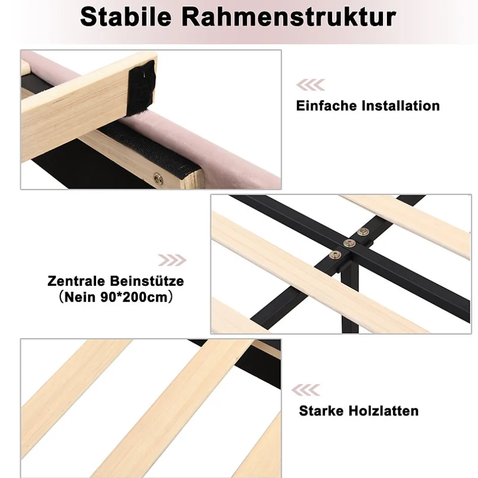 Okwish Lit Simple 90x200 cm - Lit Capitonné en Velours avec Tête de Lit Coquillage et Banquette de Rangement - Sans Matelas - Rose