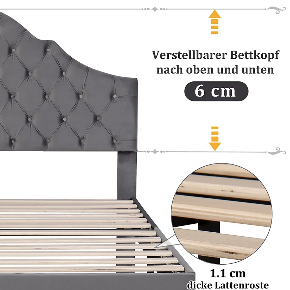 Okwish Lit Simple 90x200 cm - Lit Capitonné en Velours avec Tête de Lit Réglable, Sans Matelas - Gris Sale