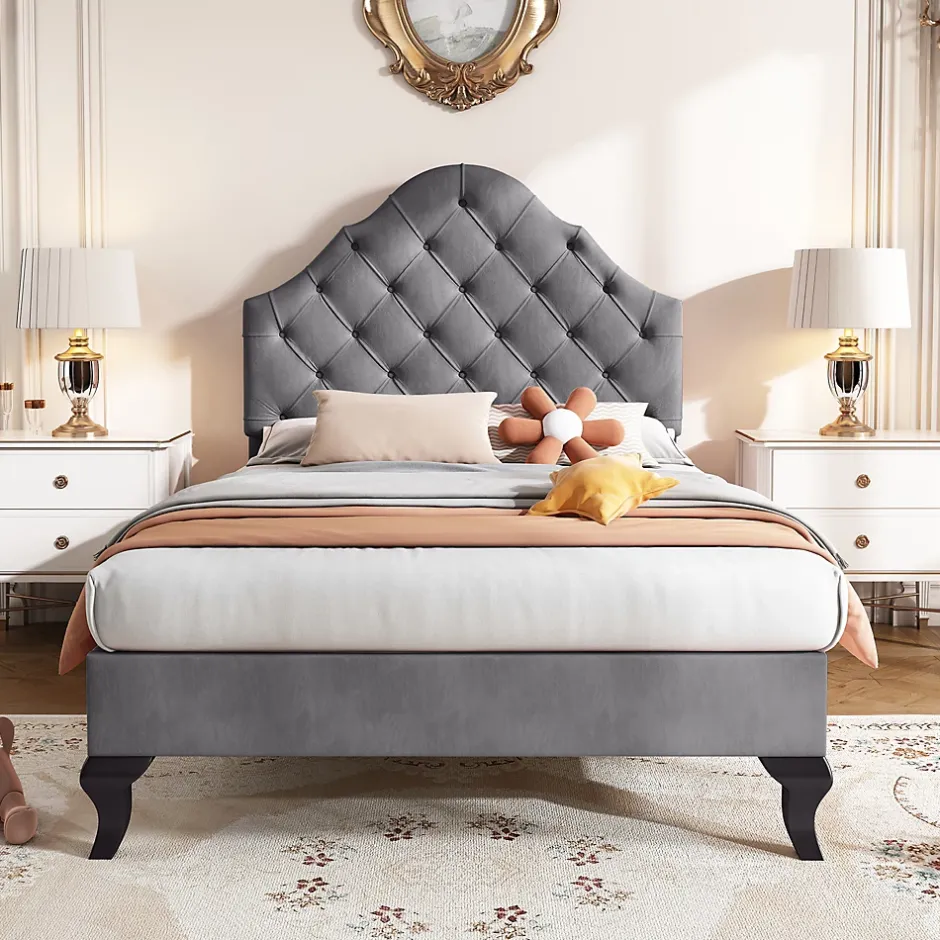 Okwish Lit Simple 90x200 cm - Lit Capitonné en Velours avec Tête de Lit Réglable, Sans Matelas - Gris Sale