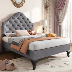 Okwish Lit Simple 90x200 cm - Lit Capitonné en Velours avec Tête de Lit Réglable, Sans Matelas - Gris Sale