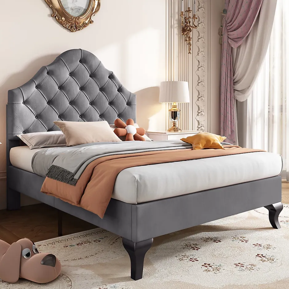 Okwish Lit Simple 90x200 cm - Lit Capitonné en Velours avec Tête de Lit Réglable, Sans Matelas - Gris Sale
