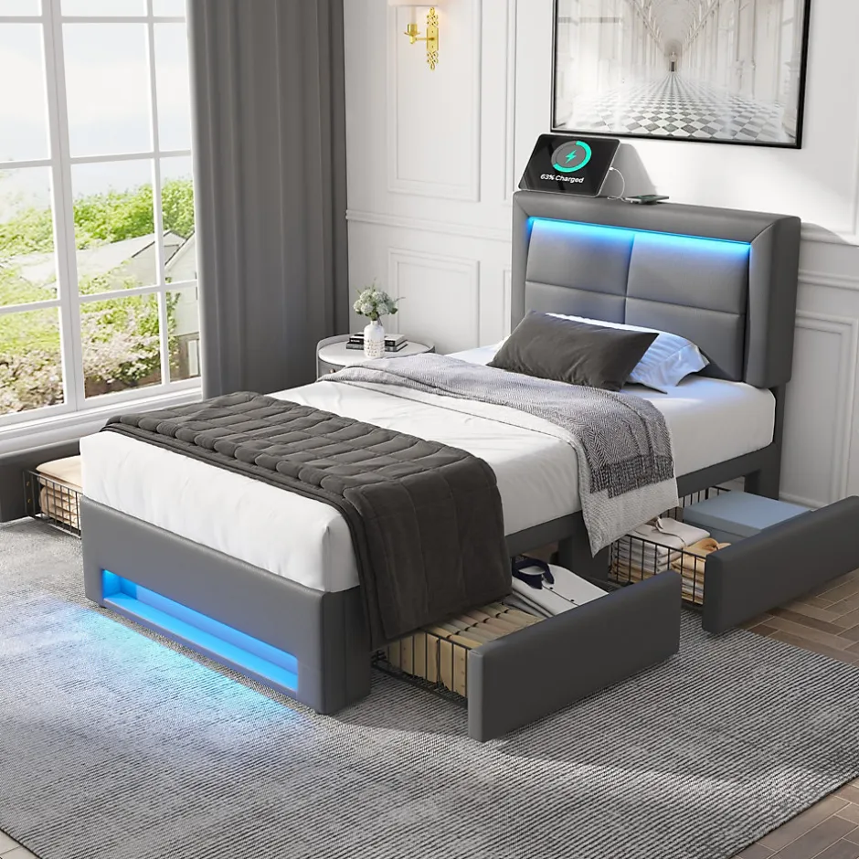 Generique Lit Simple 90x200 cm - Lit Coffre avec 4 Tiroirs et Éclairage LED - Lit Capitonné PU - Gris - Sans Matelas