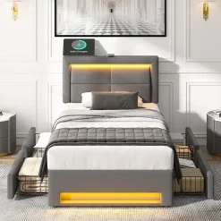 Generique Lit Simple 90x200 cm - Lit Coffre avec 4 Tiroirs et Éclairage LED - Lit Capitonné PU - Gris - Sans Matelas