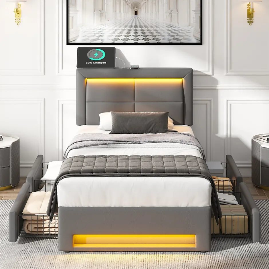 Generique Lit Simple 90x200 cm - Lit Coffre avec 4 Tiroirs et Éclairage LED - Lit Capitonné PU - Gris - Sans Matelas