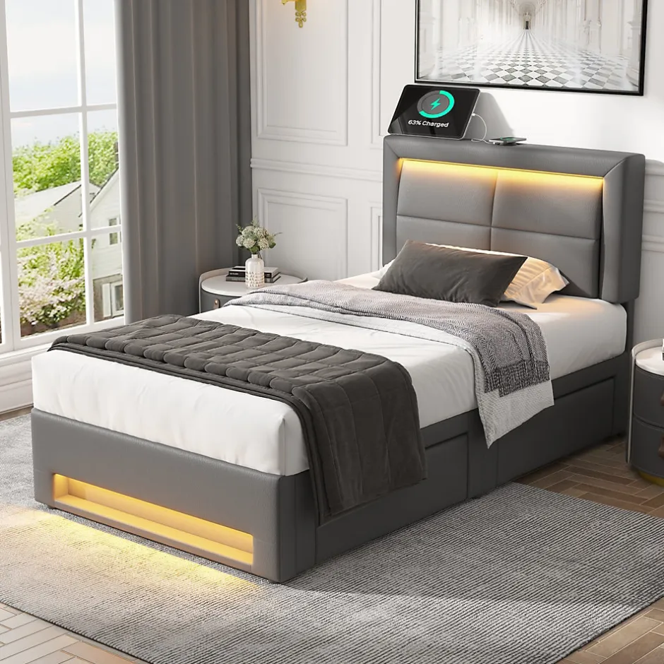 Generique Lit Simple 90x200 cm - Lit Coffre avec 4 Tiroirs et Éclairage LED - Lit Capitonné PU - Gris - Sans Matelas