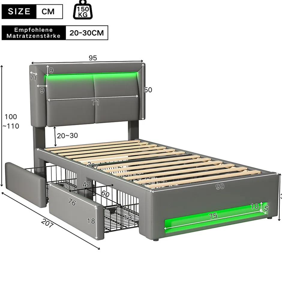 Generique Lit Simple 90x200 cm - Lit Coffre avec 4 Tiroirs et Éclairage LED - Lit Capitonné PU - Gris - Sans Matelas