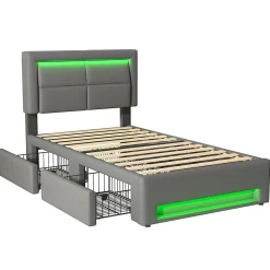 Generique Lit Simple 90x200 cm - Lit Coffre avec 4 Tiroirs et Éclairage LED - Lit Capitonné PU - Gris - Sans Matelas