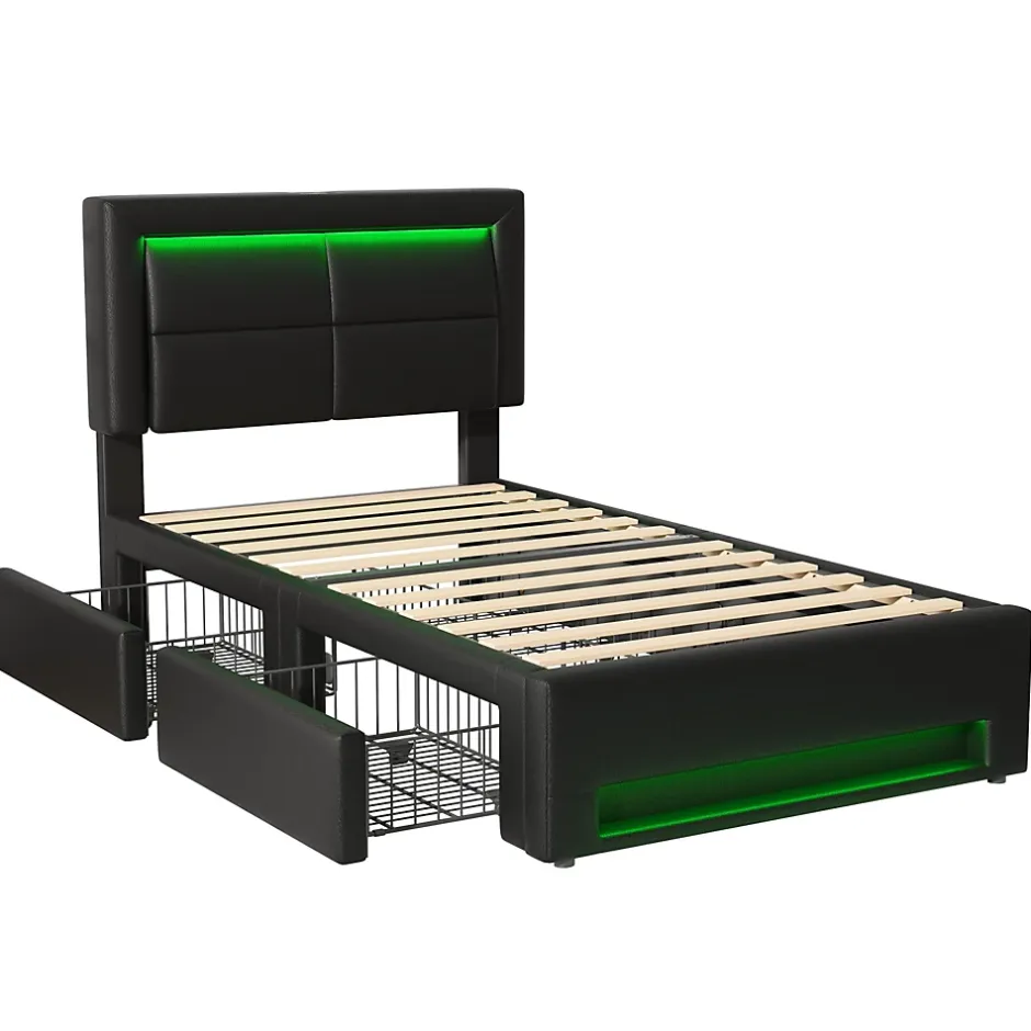 Generique Lit Simple 90x200 cm - Lit Coffre avec 4 Tiroirs et Éclairage LED - Lit Capitonné PU - Noir - Sans Matelas Clearance