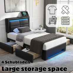 Generique Lit Simple 90x200 cm - Lit Coffre avec 4 Tiroirs et Éclairage LED - Lit Capitonné PU - Noir - Sans Matelas Clearance