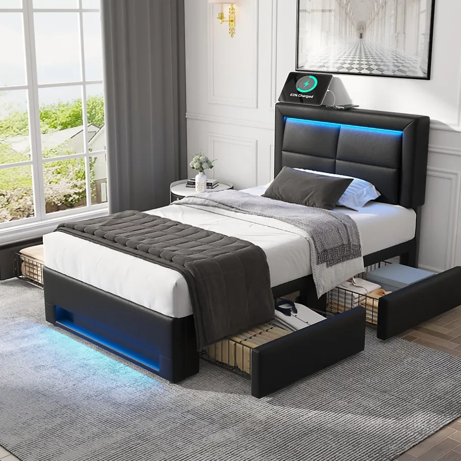 Generique Lit Simple 90x200 cm - Lit Coffre avec 4 Tiroirs et Éclairage LED - Lit Capitonné PU - Noir - Sans Matelas Clearance