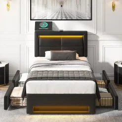 Generique Lit Simple 90x200 cm - Lit Coffre avec 4 Tiroirs et Éclairage LED - Lit Capitonné PU - Noir - Sans Matelas Clearance