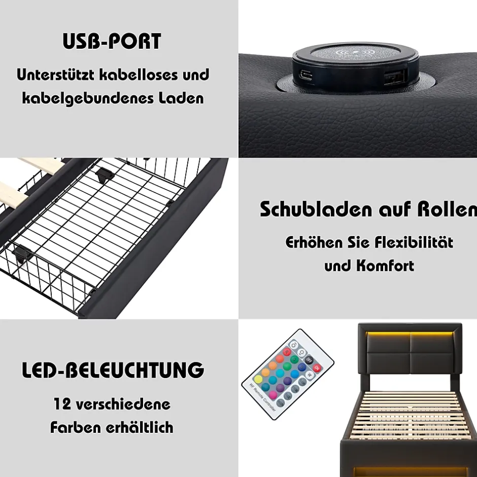 Generique Lit Simple 90x200 cm - Lit Coffre avec 4 Tiroirs et Éclairage LED - Lit Capitonné PU - Noir - Sans Matelas Clearance