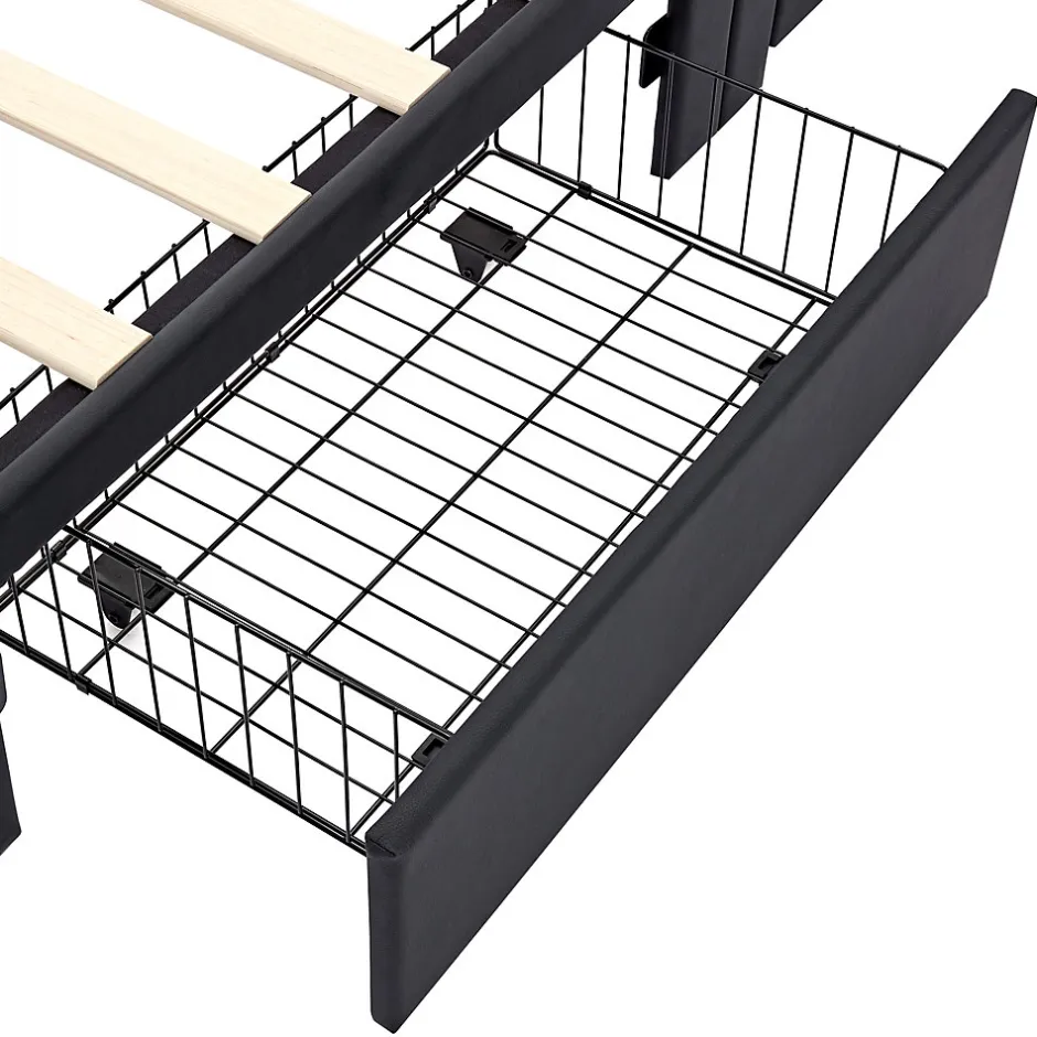 Okwish Lit Simple 90x190 cm - Lit Coffre avec 4 Tiroirs et Éclairage LED - Lit Capitonné PU - Noir - Sans Matelas Discount