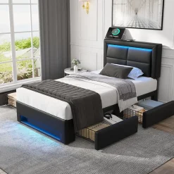 Okwish Lit Simple 90x190 cm - Lit Coffre avec 4 Tiroirs et Éclairage LED - Lit Capitonné PU - Noir - Sans Matelas Discount