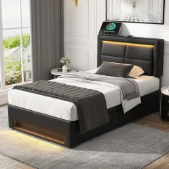 Okwish Lit Simple 90x190 cm - Lit Coffre avec 4 Tiroirs et Éclairage LED - Lit Capitonné PU - Noir - Sans Matelas Discount