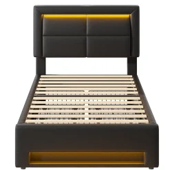 Okwish Lit Simple 90x190 cm - Lit Coffre avec 4 Tiroirs et Éclairage LED - Lit Capitonné PU - Noir - Sans Matelas Discount