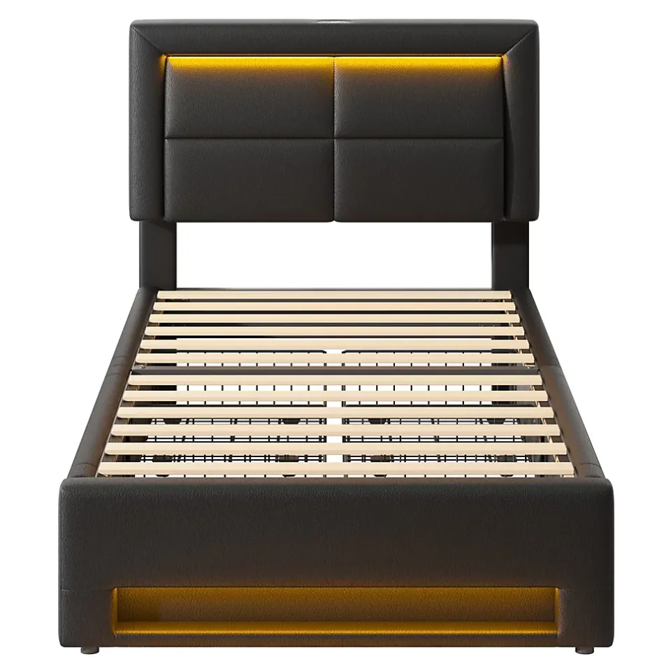 Okwish Lit Simple 90x190 cm - Lit Coffre avec 4 Tiroirs et Éclairage LED - Lit Capitonné PU - Noir - Sans Matelas Discount