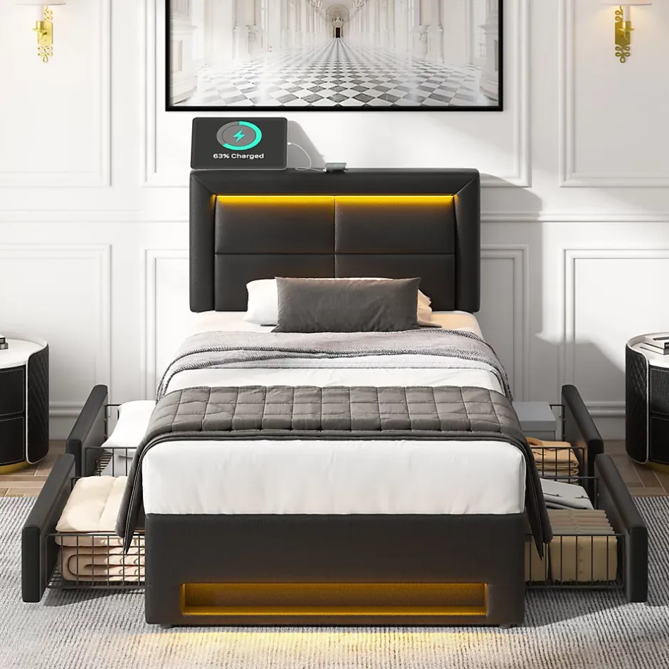 Okwish Lit Simple 90x190 cm - Lit Coffre avec 4 Tiroirs et Éclairage LED - Lit Capitonné PU - Noir - Sans Matelas Discount