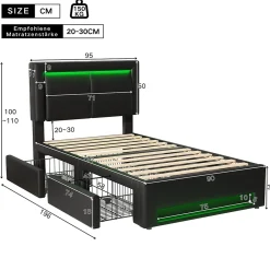 Okwish Lit Simple 90x190 cm - Lit Coffre avec 4 Tiroirs et Éclairage LED - Lit Capitonné PU - Noir - Sans Matelas Discount