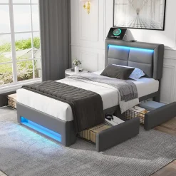 Okwish Lit Simple 90x190 cm - Lit Coffre avec 4 Tiroirs et Ports USB - Éclairage LED - Gain de Place - Gris - Sans Matelas